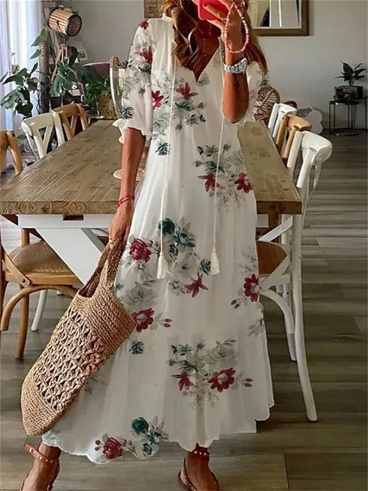 Astoria | Boho Maxi Dress – Flowy A-Line with V-Neck & Elegant Prints