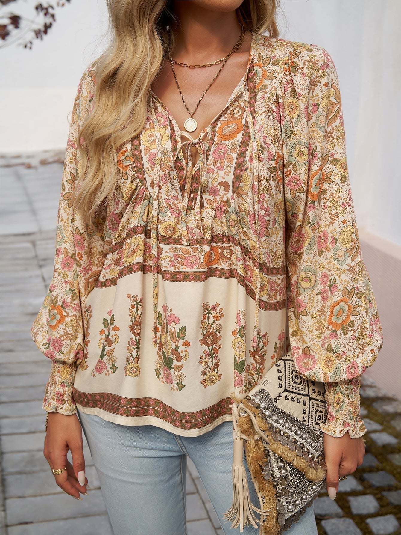 Delilah | Women's Floral Bohemian Blouse with Lantern Sleeves and Loose Fit