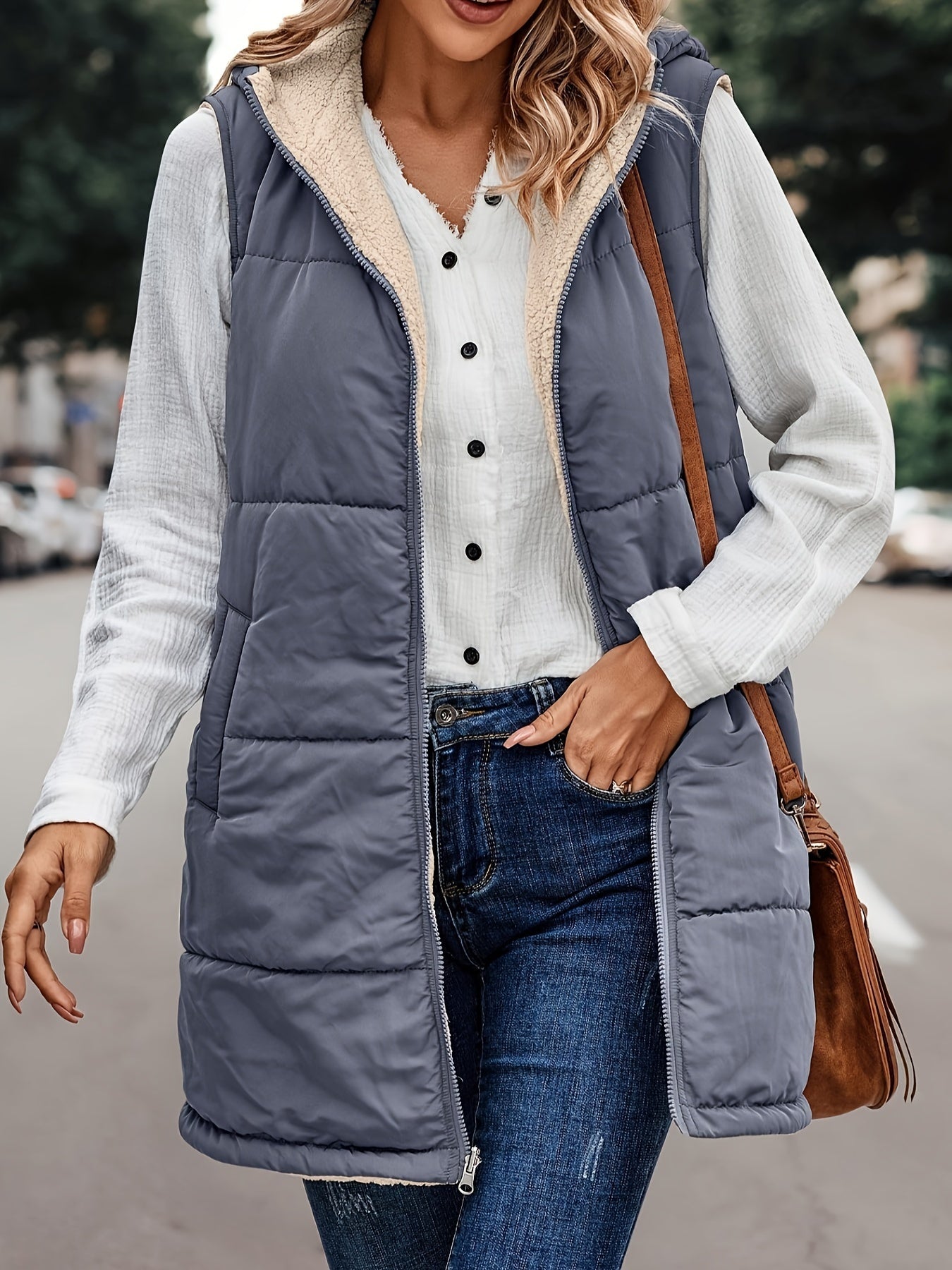 Querina | Women's Fleece-Lined Long Hooded Gilet – Stylish and Comfortable Zip-Up Vest