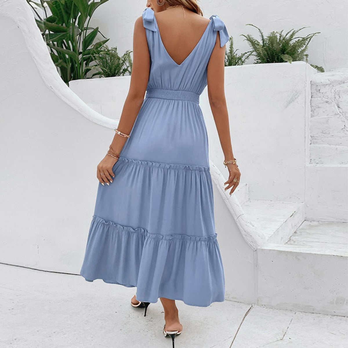 Tallis | Women's Blue V Neck Tie Sleeveless Midi Dress with Cinched Waist