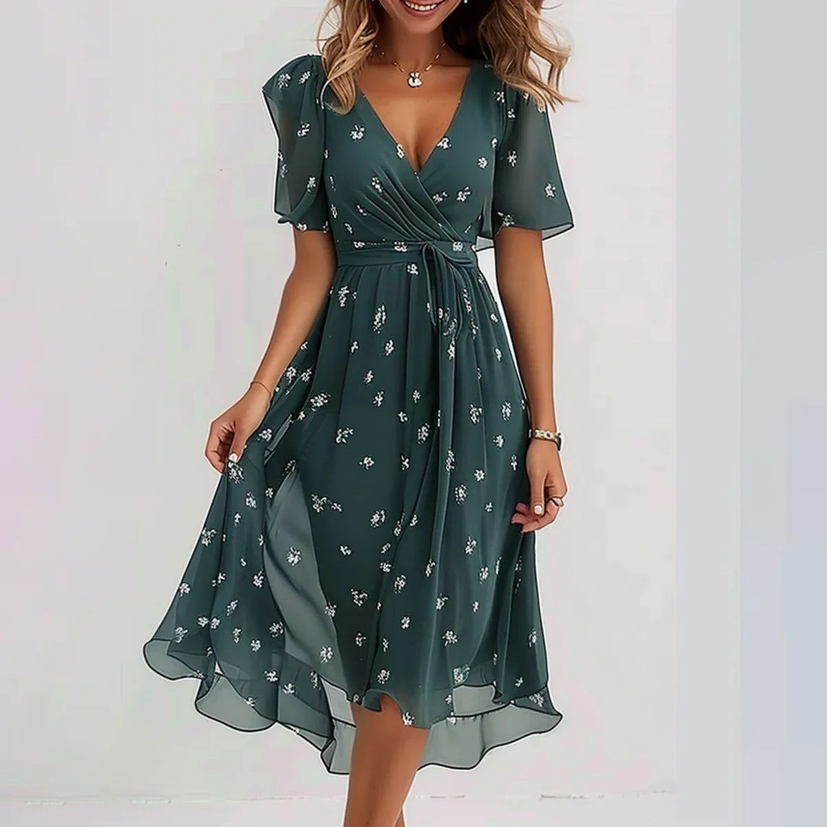 Eliza | Women's Floral Deep V-Neck Cinched Waist Chiffon Midi Dress for Summer