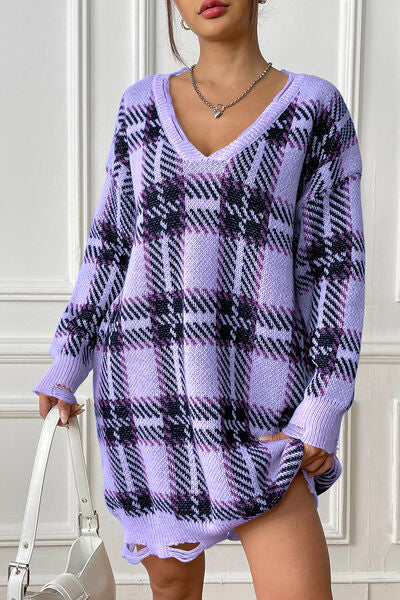 Quindra | Long Knit Sweater with Check Pattern and Relaxed Fit