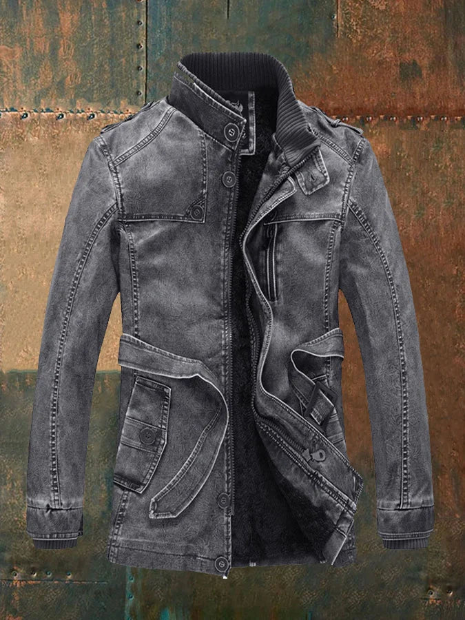 Matthew | Men’s Vintage Leather Look Long Jacket with Warm Fleece Lining & Classic Buttons