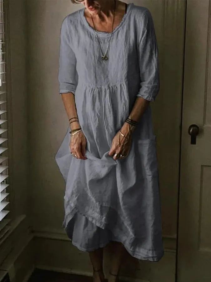 Frankie | Women's Solid Colour Round Neck Half Sleeve Cotton Linen Summer Maxi Dress