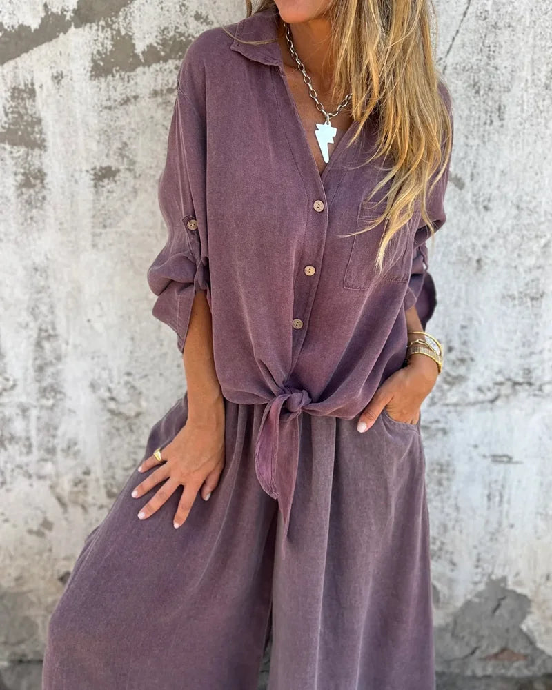 Dorigen | Women's Solid Colour Two-Piece Set with Buttoned Tie-Hem Blouse and Wide-Leg Trousers