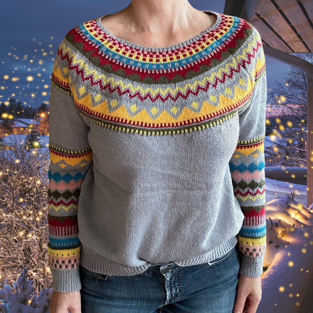 Pilora | Vintage Grey Sweater with Colourful Tribal Pattern – Effortless Style for Autumn and Winter