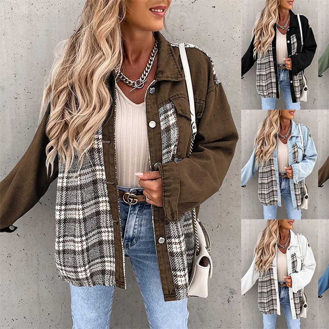 Bianca | Women's Plaid Buttoned Lapel Collar Denim Jacket