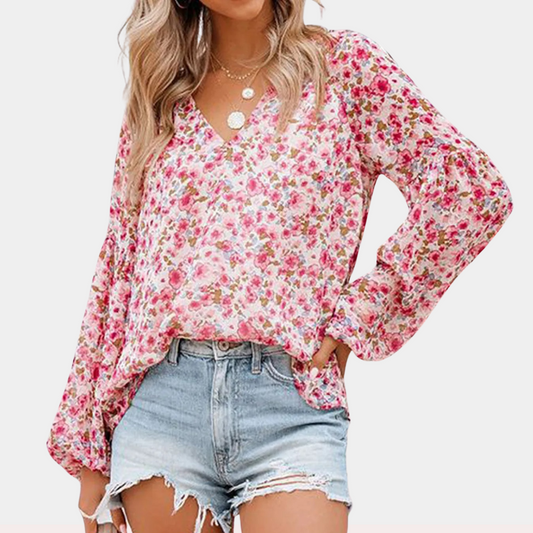 Loxley | Women’s Summer Floral Blouse – V Neck with Elegant Bishop Sleeves