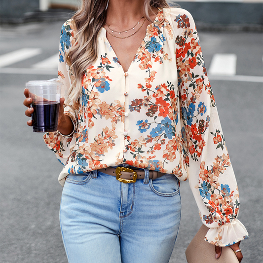 Lissandra | Women’s Floral Print Summer Blouse – V Neck with Button Front & Bishop Sleeves