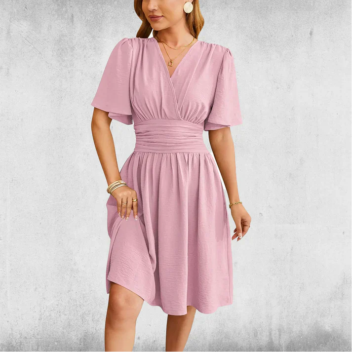 Yasmin | Women's V Neck Bell Sleeve Pleated Knee-Length Dress with Cinched Waist