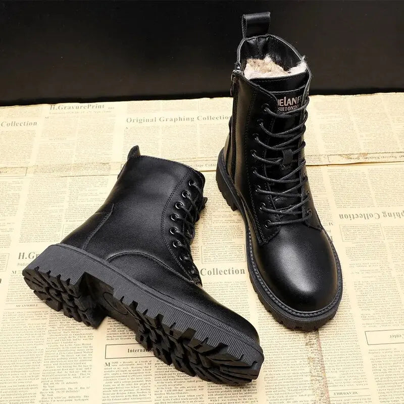 Madison | Women's Black Leather-Look Fleece-Lined Lace-Up Ankle Boots