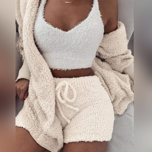 Arlene | Women's Solid Colour Teddy Lounge Set with Hoodie & Drawstring Shorts