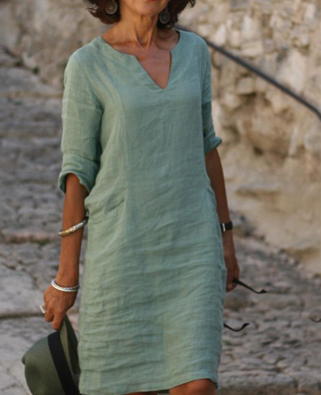 Delphra | Women’s V‑Neck Linen Dress – Solid Colour, 3/4 Sleeves & Effortless Summer Style