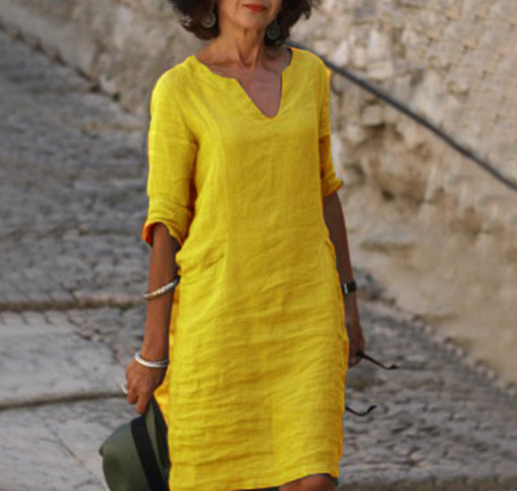 Delphra | Women’s V‑Neck Linen Dress – Solid Colour, 3/4 Sleeves & Effortless Summer Style