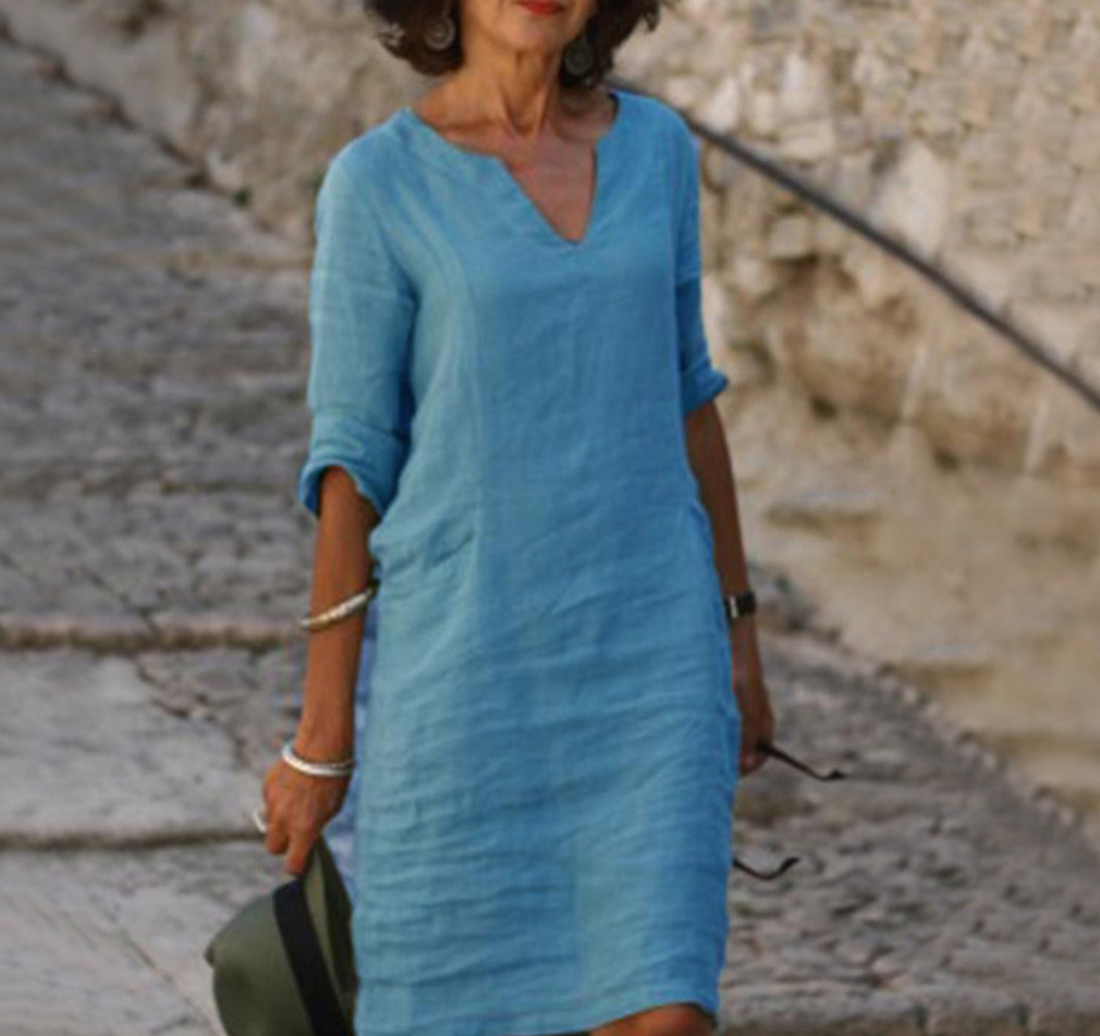 Delphra | Women’s V‑Neck Linen Dress – Solid Colour, 3/4 Sleeves & Effortless Summer Style
