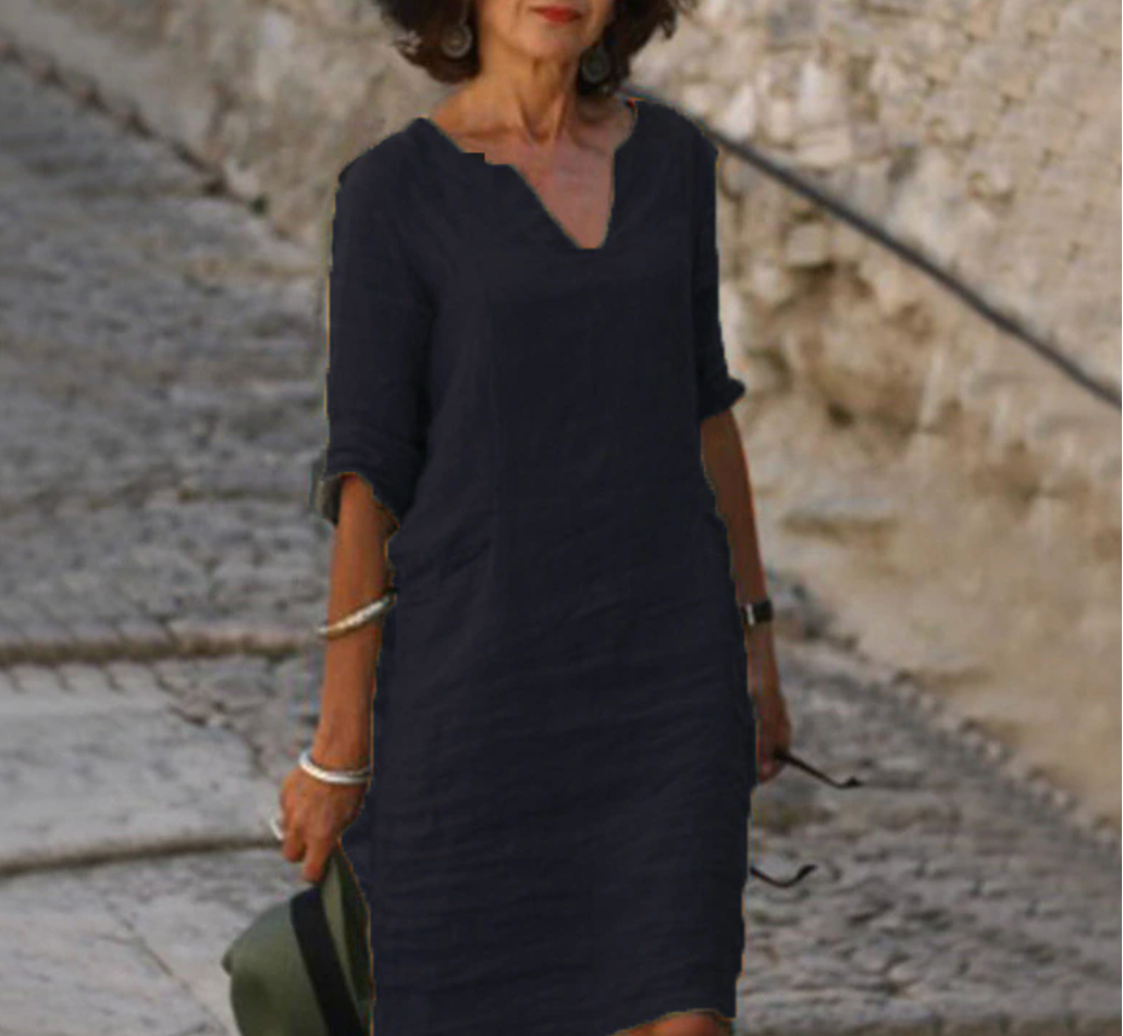 Delphra | Women’s V‑Neck Linen Dress – Solid Colour, 3/4 Sleeves & Effortless Summer Style