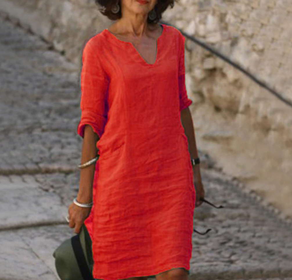 Delphra | Women’s V‑Neck Linen Dress – Solid Colour, 3/4 Sleeves & Effortless Summer Style