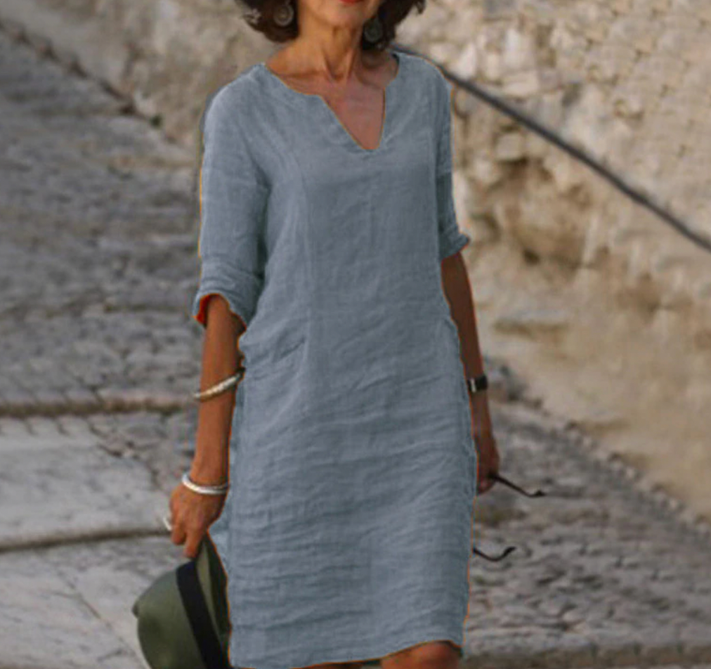 Delphra | Women’s V‑Neck Linen Dress – Solid Colour, 3/4 Sleeves & Effortless Summer Style
