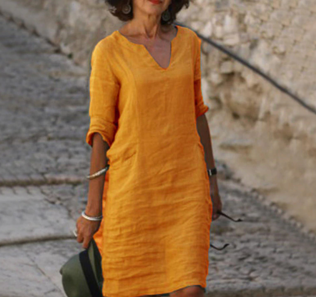 Delphra | Women’s V‑Neck Linen Dress – Solid Colour, 3/4 Sleeves & Effortless Summer Style