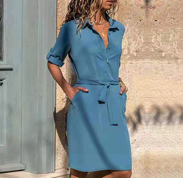 Domenica | Elegant Belted Shirt Dress with Lapel Collar & Side Pockets