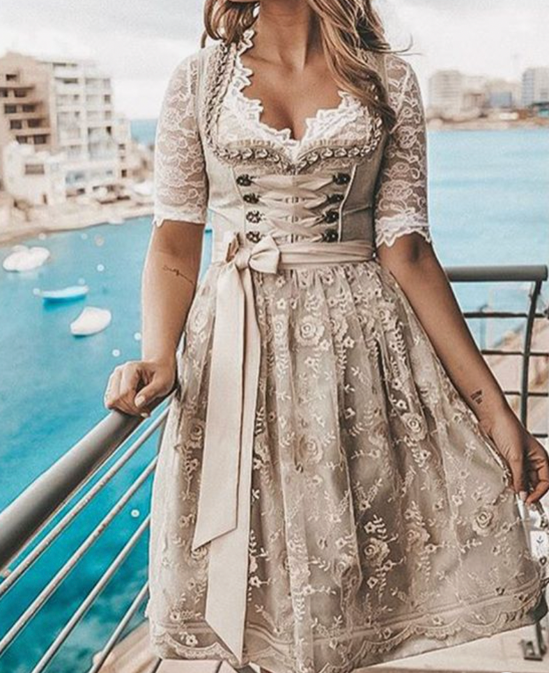 Traditional German Dirndl Dress with Lace-Up Bodice & Elegant Lace Blouse