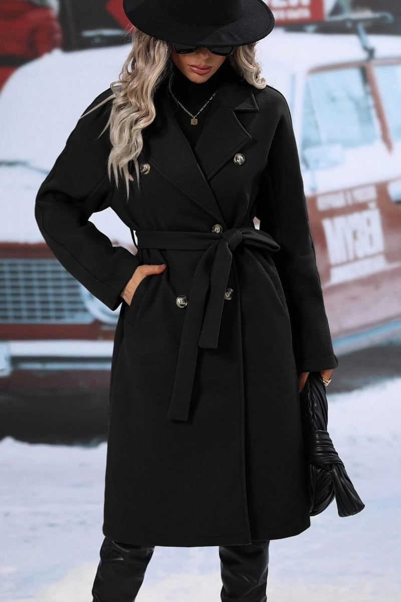 Frances | Women’s Long Wool-Blend Coat with Tie Waist & Double-Breasted Design