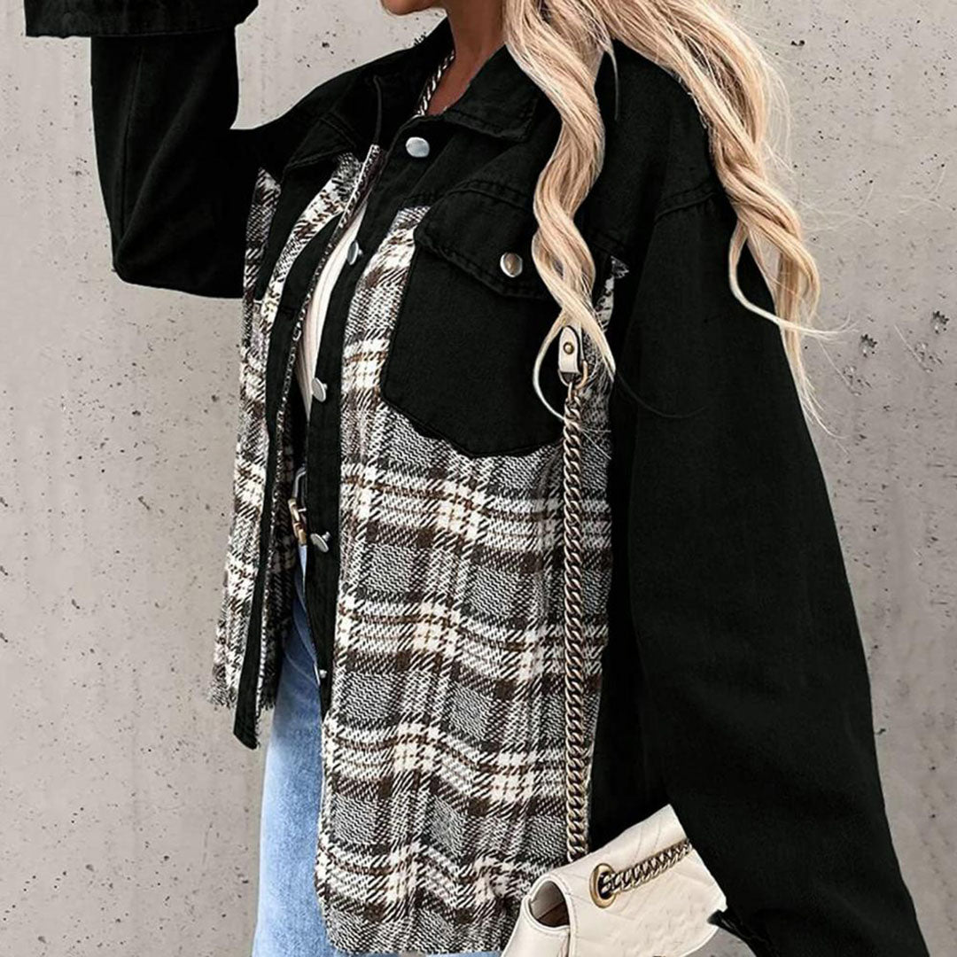 Bianca | Women's Plaid Buttoned Lapel Collar Denim Jacket