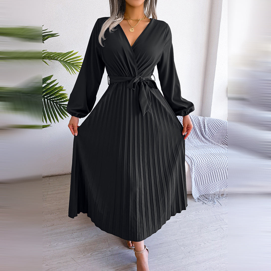 Aveline | Women's Solid Colour V-Neck Maxi Dress with Tie Waist & Pleated Skirt