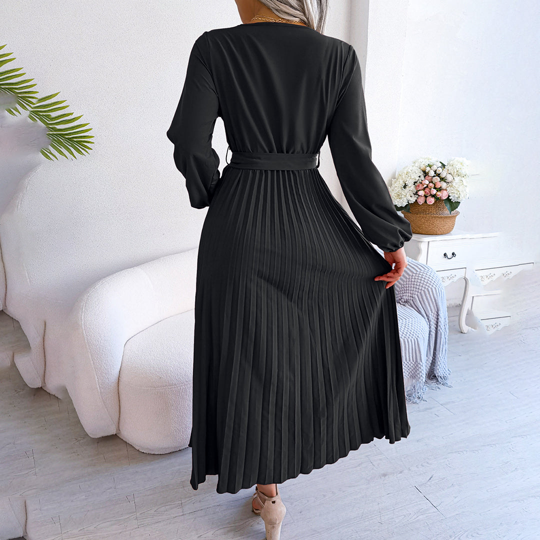 Aveline | Women's Solid Colour V-Neck Maxi Dress with Tie Waist & Pleated Skirt
