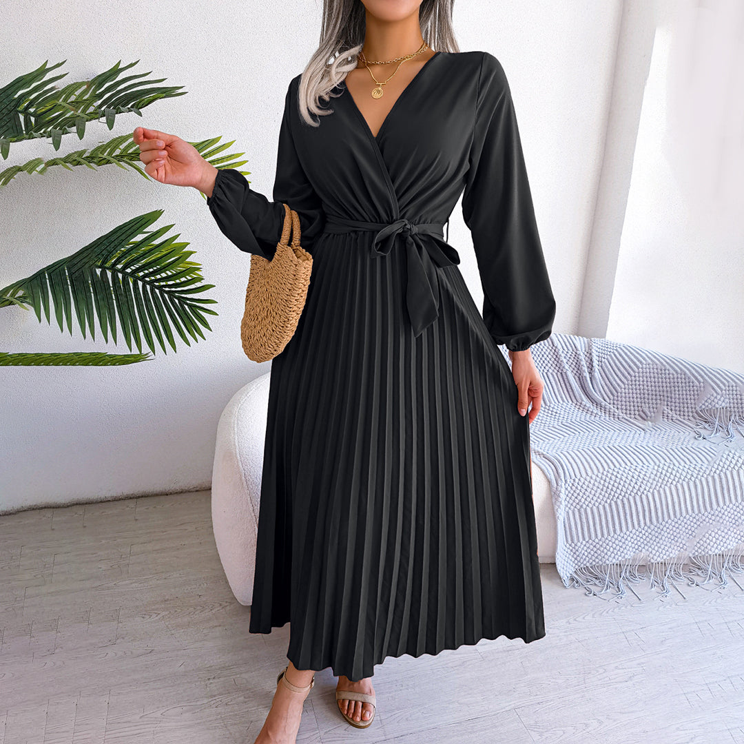 Aveline | Women's Solid Colour V-Neck Maxi Dress with Tie Waist & Pleated Skirt