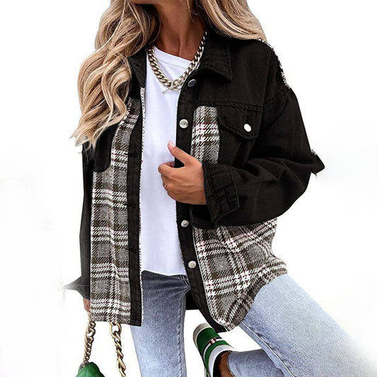 Bianca | Women's Plaid Buttoned Lapel Collar Denim Jacket