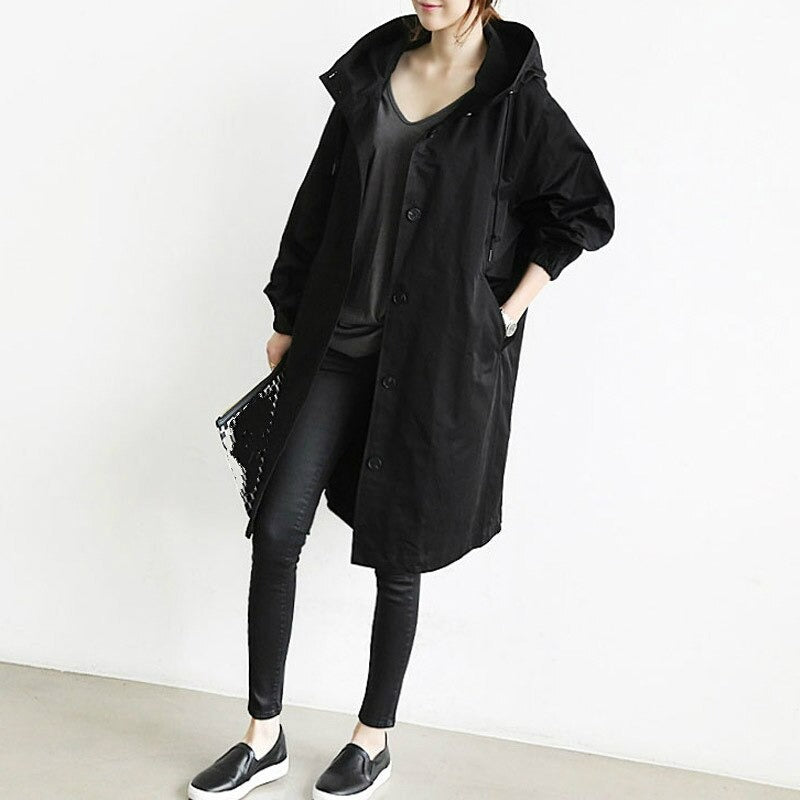 Janelle | Women's Long Waterproof Coat with Hood and Button Closure