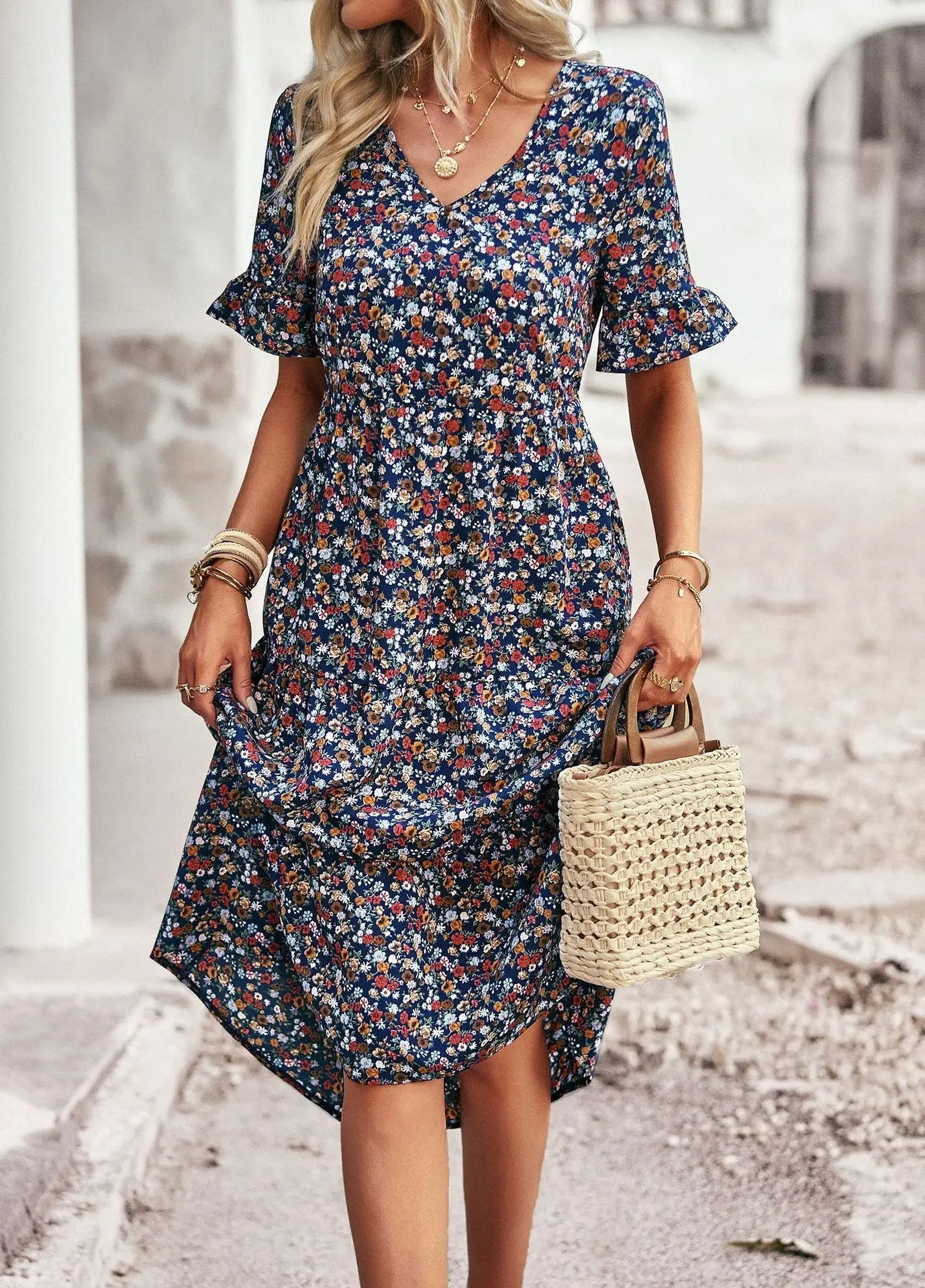 Kaelith | Floral V-Neck Boho Midi Dress with Ruffle Sleeves – Elegant Summer Style