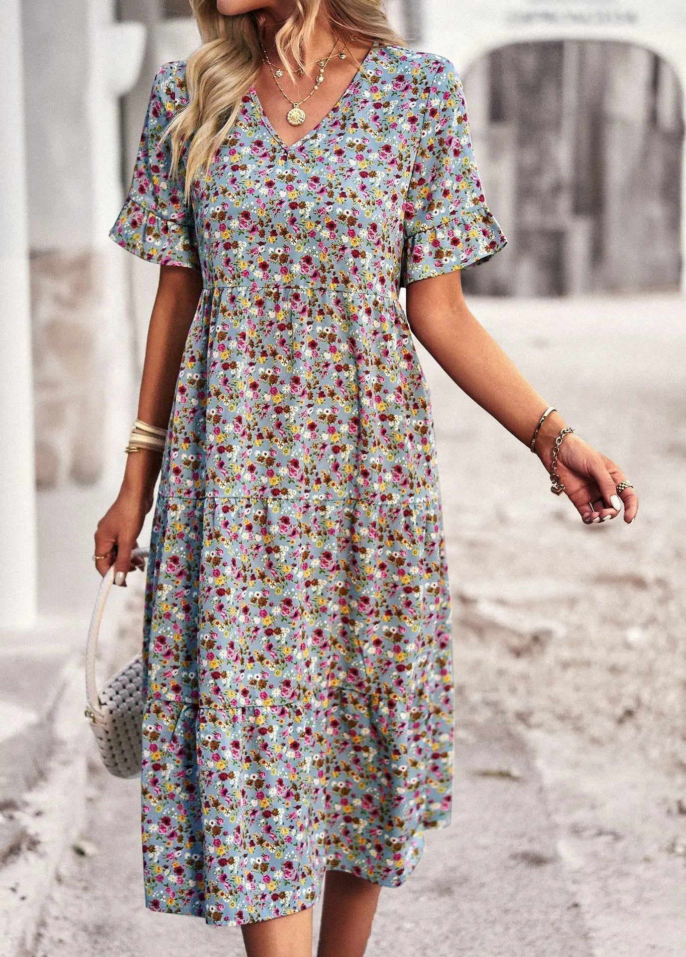 Kaelith | Floral V-Neck Boho Midi Dress with Ruffle Sleeves – Elegant Summer Style