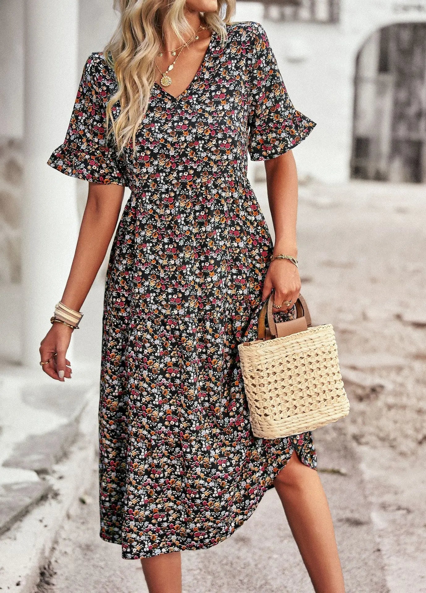Kaelith | Floral V-Neck Boho Midi Dress with Ruffle Sleeves – Elegant Summer Style