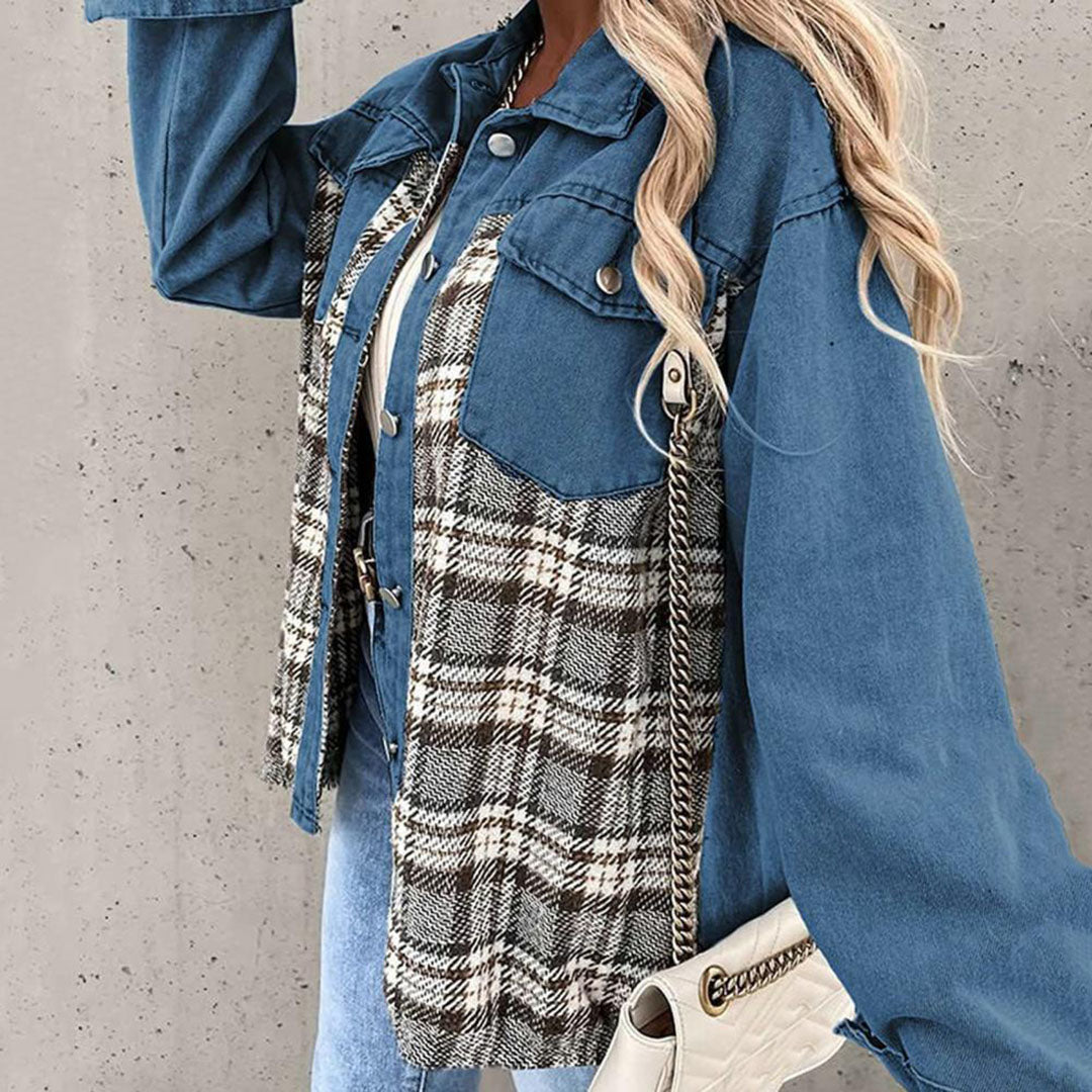 Bianca | Women's Plaid Buttoned Lapel Collar Denim Jacket