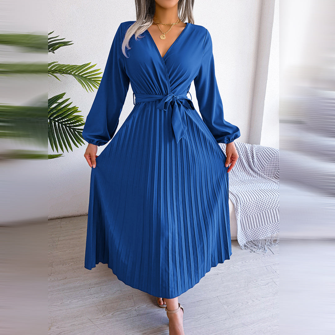 Aveline | Women's Solid Colour V-Neck Maxi Dress with Tie Waist & Pleated Skirt