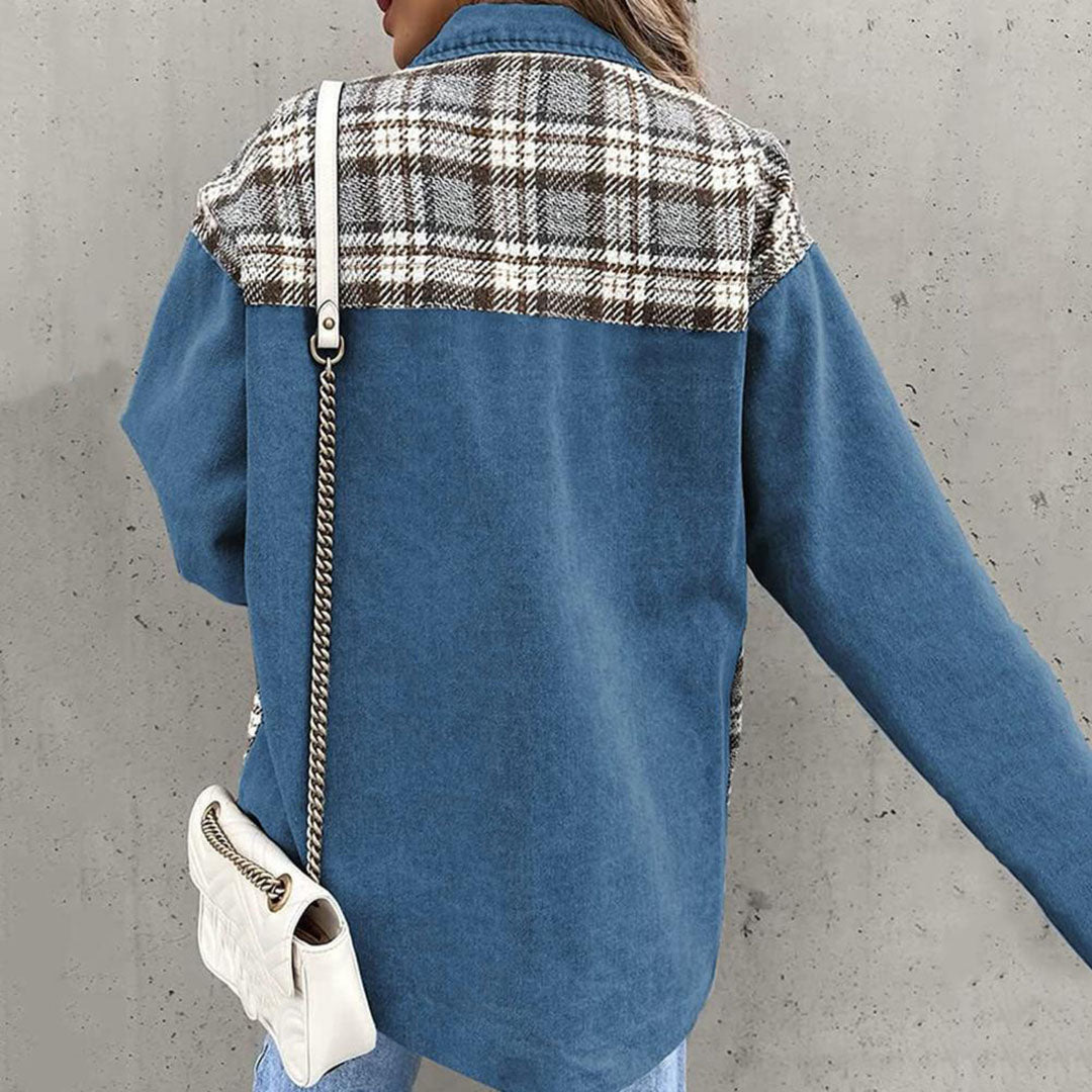 Bianca | Women's Plaid Buttoned Lapel Collar Denim Jacket