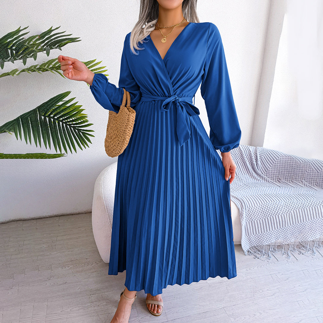 Aveline | Women's Solid Colour V-Neck Maxi Dress with Tie Waist & Pleated Skirt
