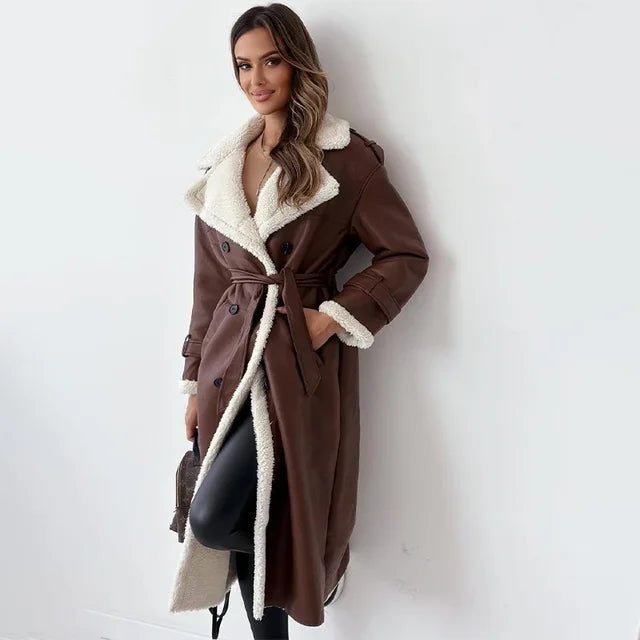 Kerina | Women's Fleece-Lined Double-Breasted Long Coat with Belt – Warmth and Style for Cold Days