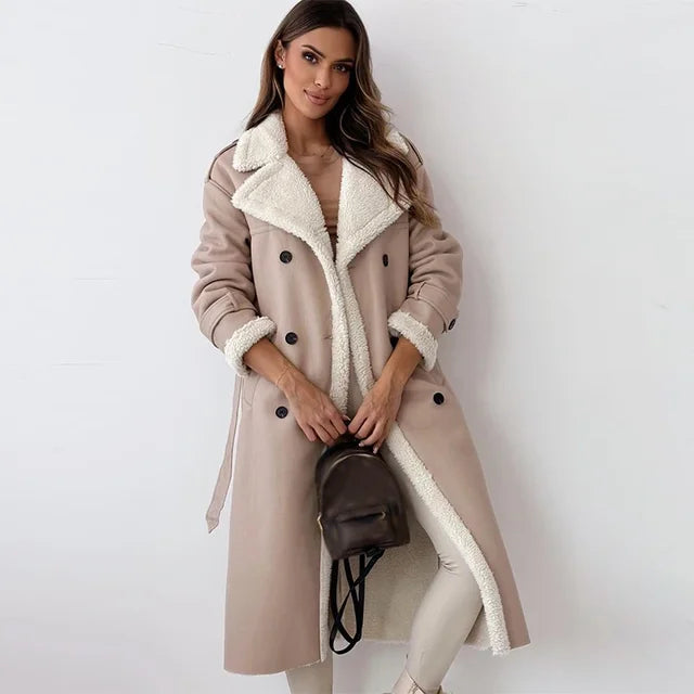 Kerina | Women's Fleece-Lined Double-Breasted Long Coat with Belt – Warmth and Style for Cold Days