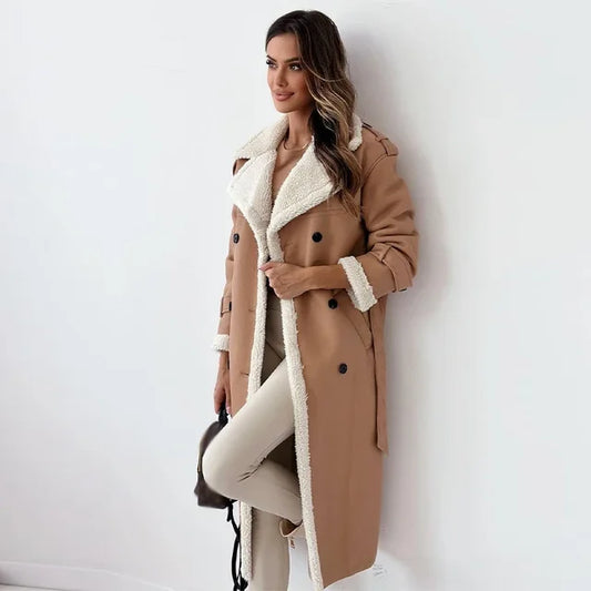 Kerina | Women's Fleece-Lined Double-Breasted Long Coat with Belt – Warmth and Style for Cold Days