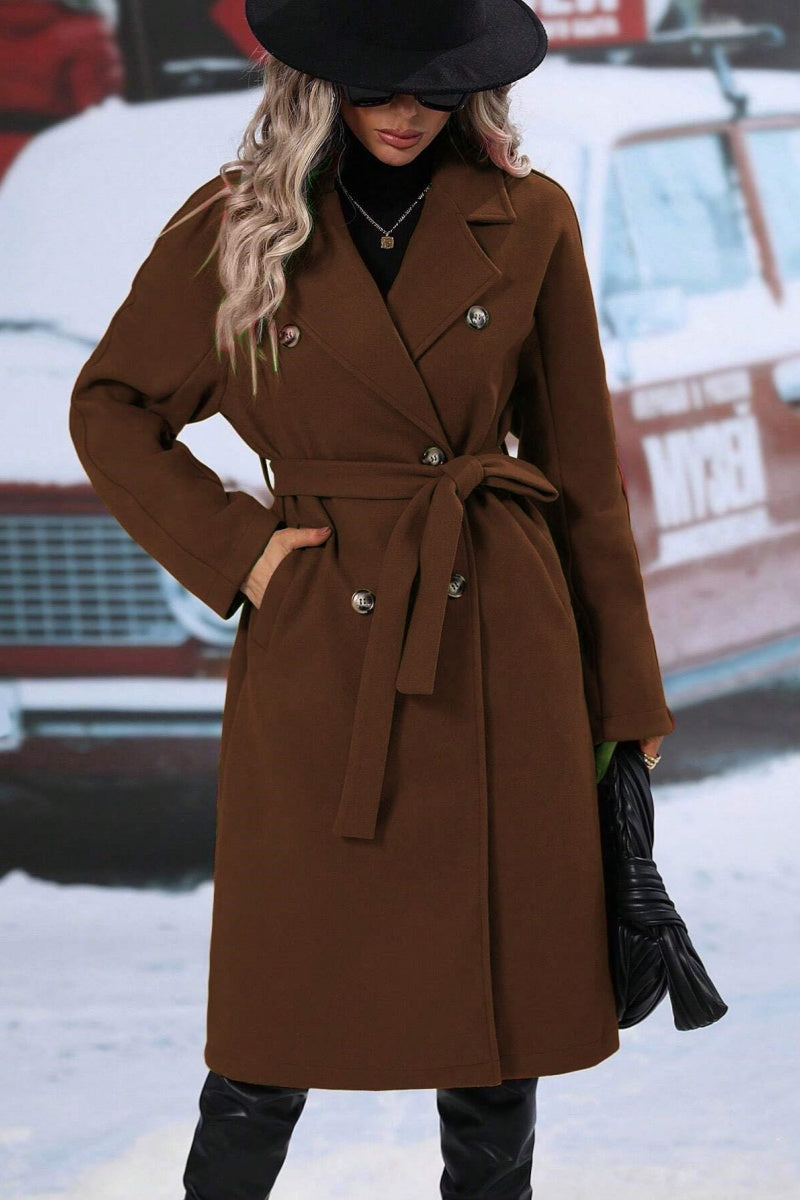 Frances | Women’s Long Wool-Blend Coat with Tie Waist & Double-Breasted Design