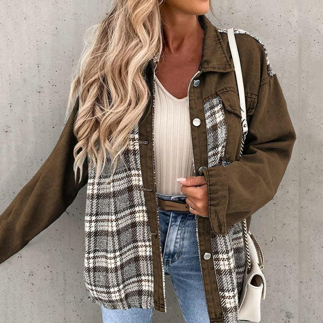 Bianca | Women's Plaid Buttoned Lapel Collar Denim Jacket