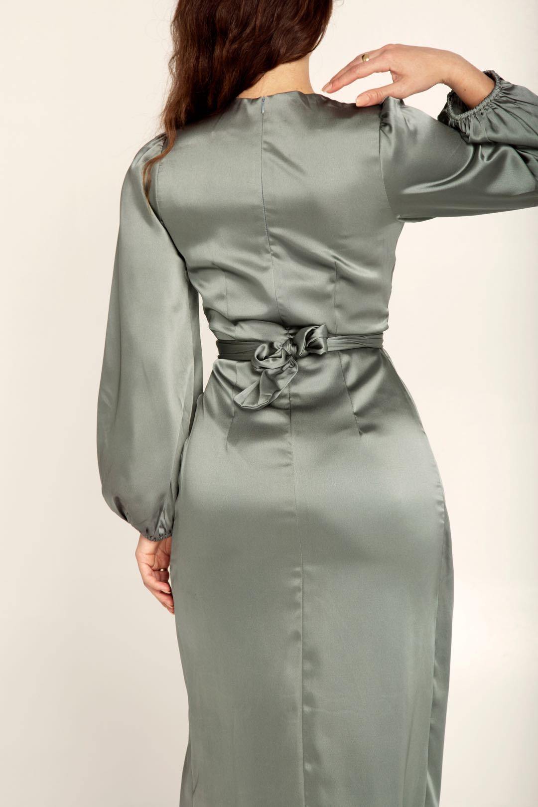 Maris | Women's Satin Maxi Dress – Elegant Wrap Style with Bishop Sleeves and Back Tie
