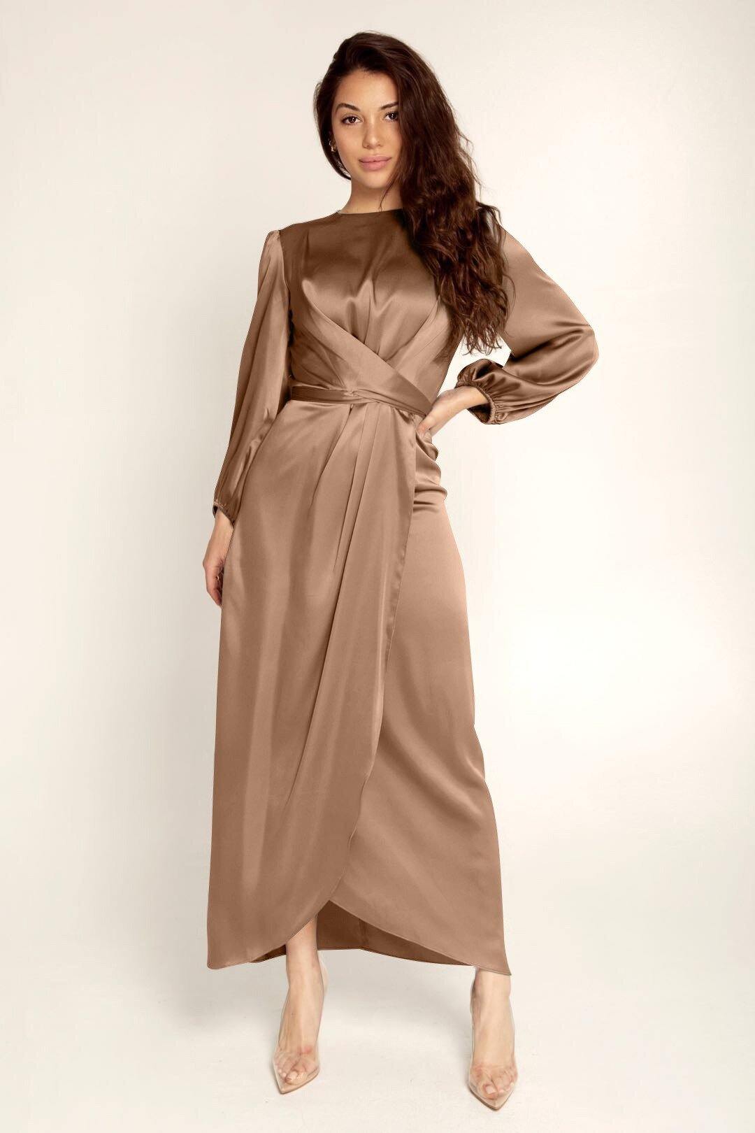 Maris | Women's Satin Maxi Dress – Elegant Wrap Style with Bishop Sleeves and Back Tie