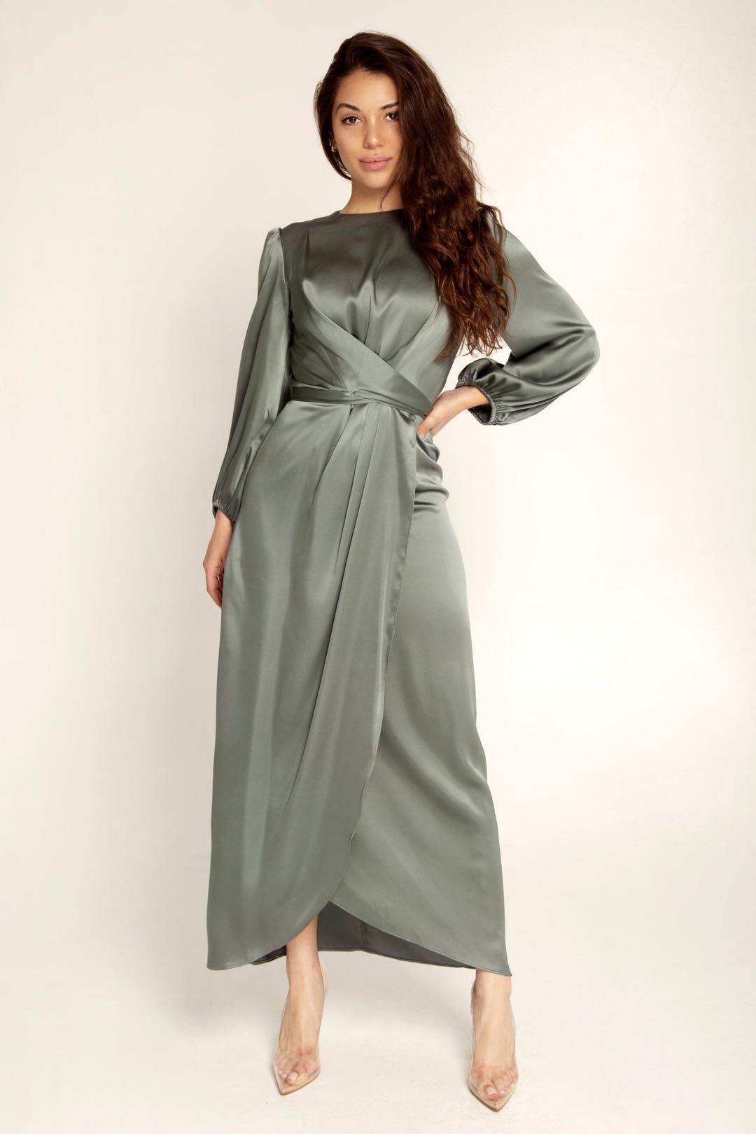 Maris | Women's Satin Maxi Dress – Elegant Wrap Style with Bishop Sleeves and Back Tie