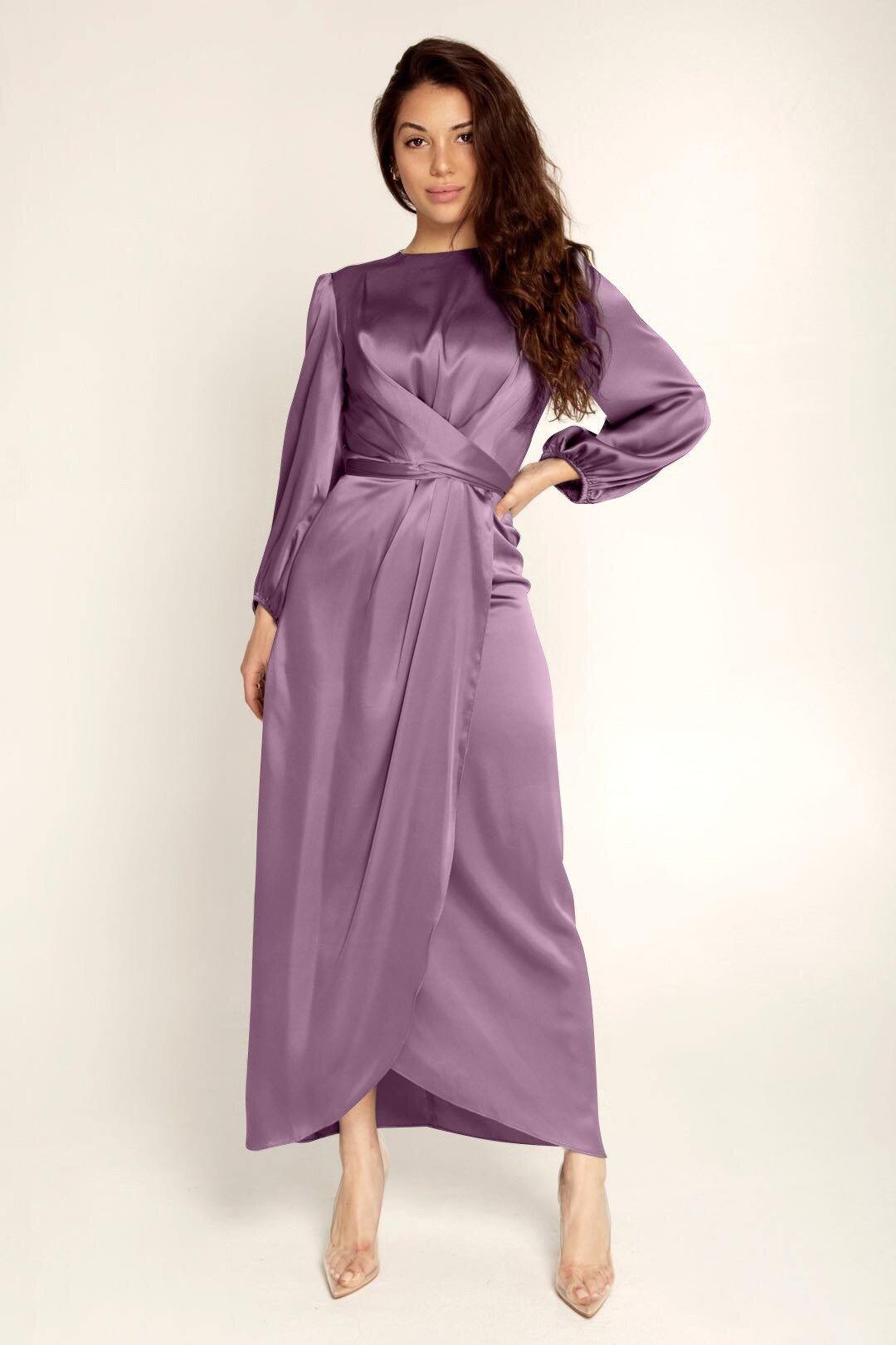 Maris | Women's Satin Maxi Dress – Elegant Wrap Style with Bishop Sleeves and Back Tie