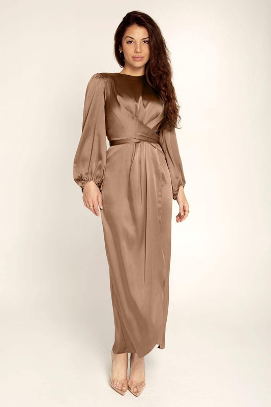 Maris | Women's Satin Maxi Dress – Elegant Wrap Style with Bishop Sleeves and Back Tie