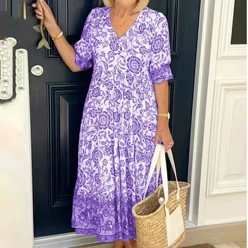 Ophelia | Women’s V-Neck Boho Maxi Dress with Floral Print and Flowing Design